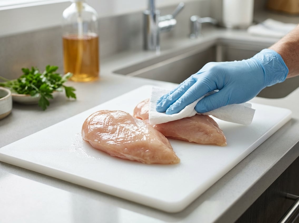Close-up of raw chicken breasts on a cutting board with a person wiping one breast with a paper towel in a kitchen.