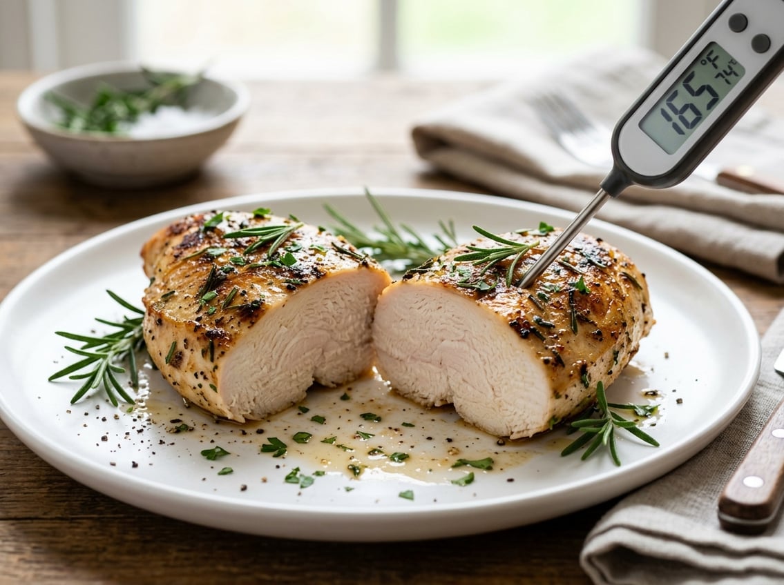 A sliced cooked chicken breast on a white plate with a meat thermometer showing the internal temperature.