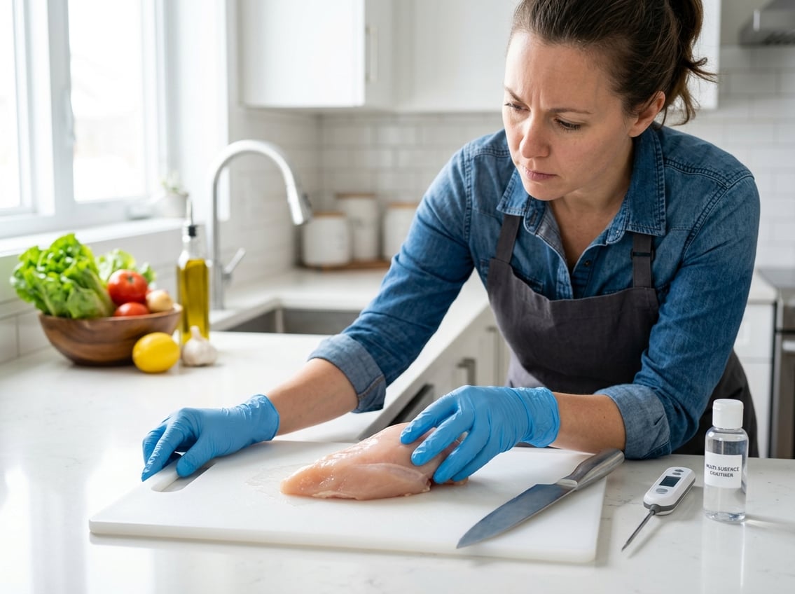 Person wearing gloves inspecting raw chicken breast on a cutting board in a clean kitchen with fresh vegetables nearby.