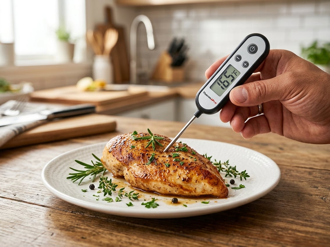 A hand holding a digital meat thermometer inserted into a cooked chicken breast on a white plate with fresh herbs around it.