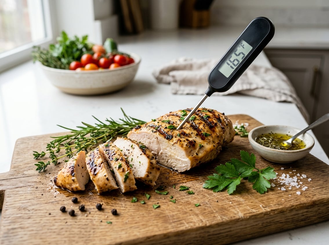 Sliced cooked chicken breast with a meat thermometer inserted, placed on a wooden cutting board with fresh herbs nearby.