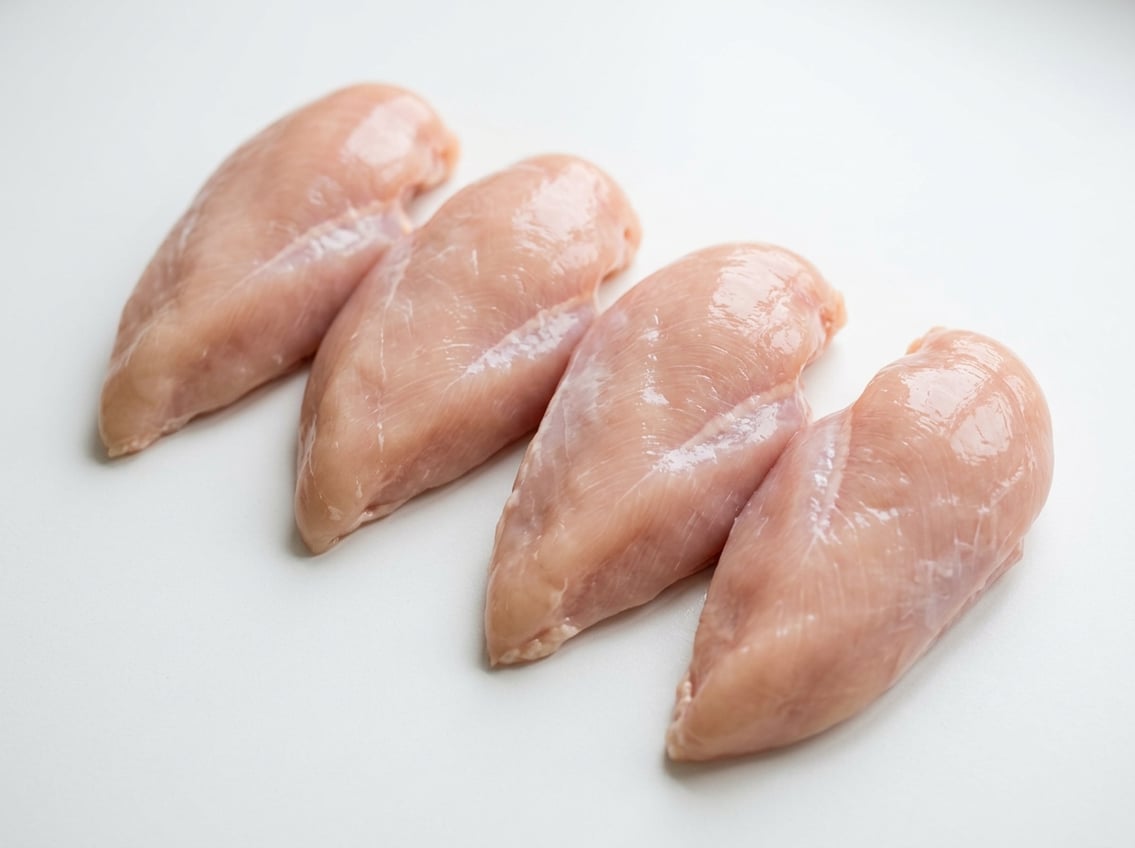 Raw chicken breasts placed on a white surface, showing their fresh pale pink color and smooth texture.