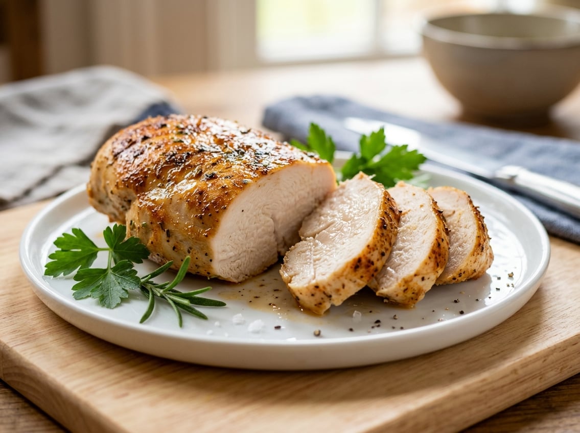 A sliced cooked chicken breast on a white plate with herbs, showing a white interior and golden-brown exterior.