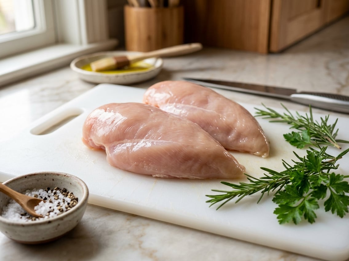 Close-up of raw chicken breasts on a white cutting board with fresh herbs and seasoning nearby.