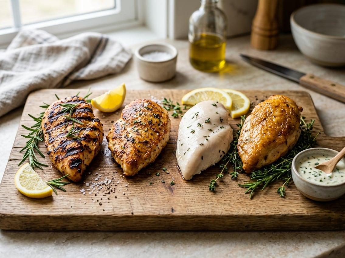 A variety of cooked chicken breasts prepared using different methods arranged on a wooden cutting board with herbs and lemon slices.