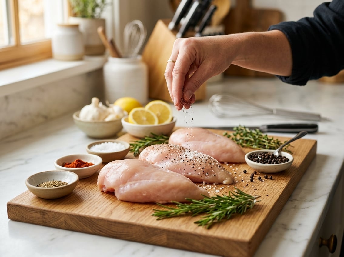 Raw chicken breasts on a cutting board being seasoned with spices in a kitchen setting.