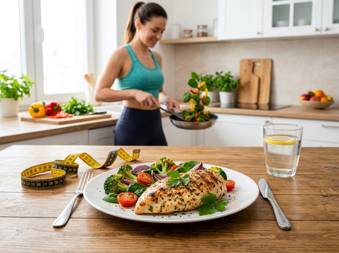 A cooked chicken breast on a plate with fresh vegetables and a measuring tape nearby in a kitchen where a fit person is preparing a healthy meal.