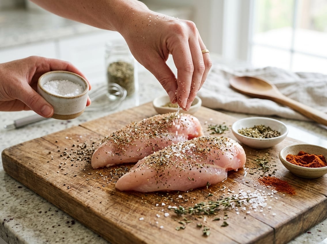 Close-up of raw chicken breasts being seasoned with salt and dry herbs on a wooden cutting board in a kitchen.