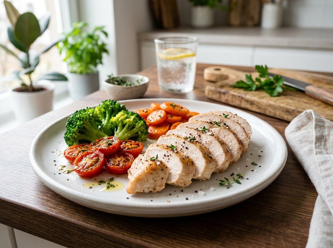 A plate with sliced cooked chicken breast and colorful vegetables on a kitchen countertop.