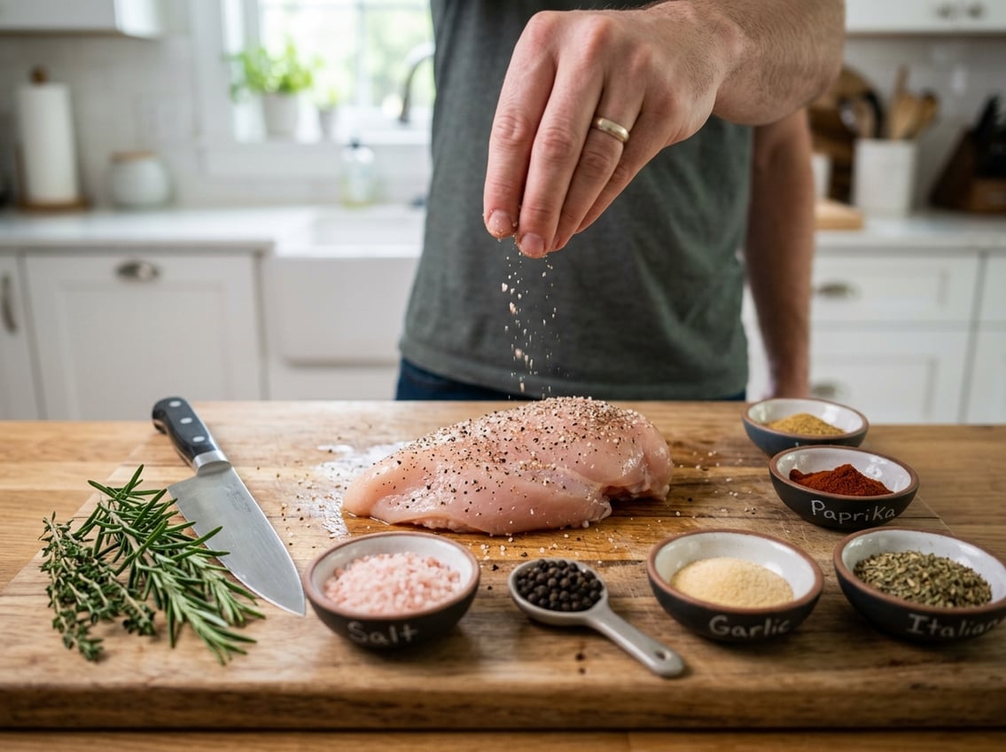 A close-up of a raw chicken breast being seasoned with various spices on a wooden cutting board in a kitchen.