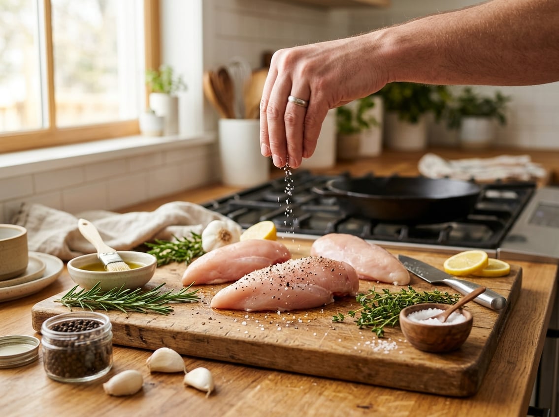 Raw chicken breasts on a cutting board being seasoned with herbs and spices in a kitchen.