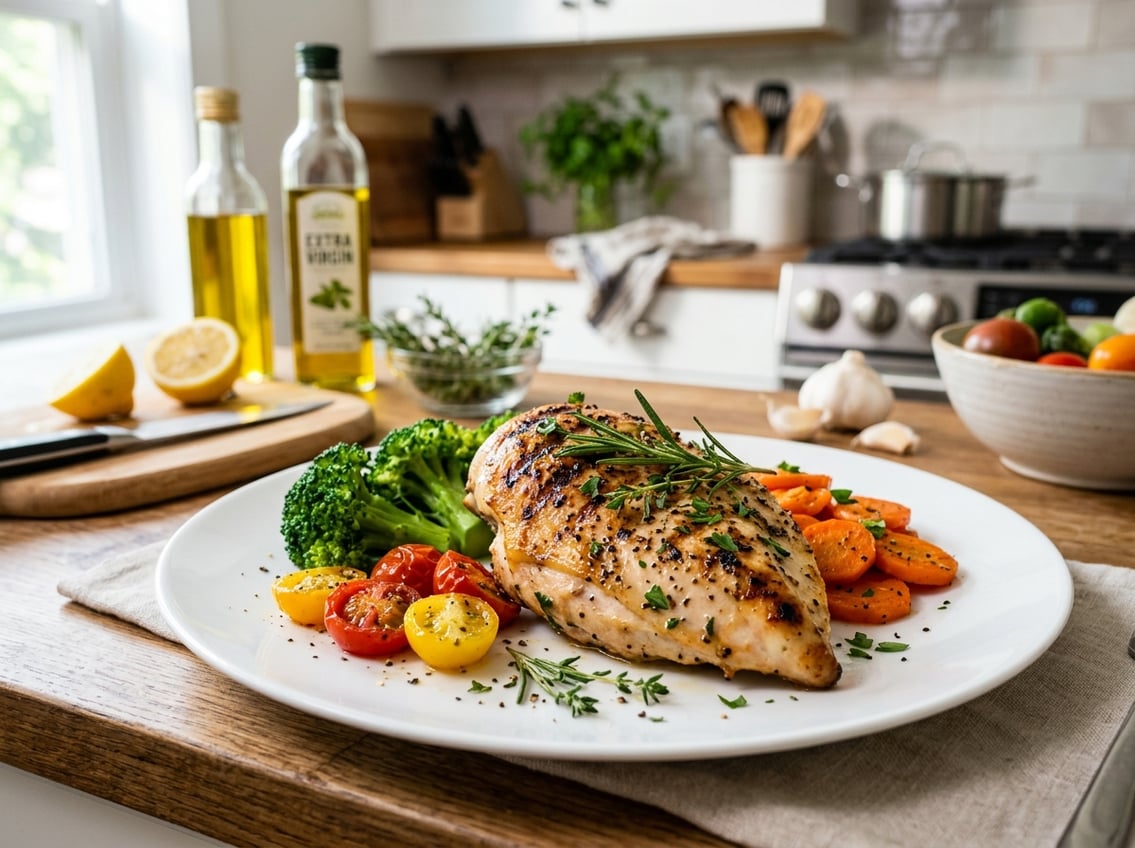A cooked chicken breast garnished with herbs on a white plate surrounded by fresh vegetables in a kitchen setting.
