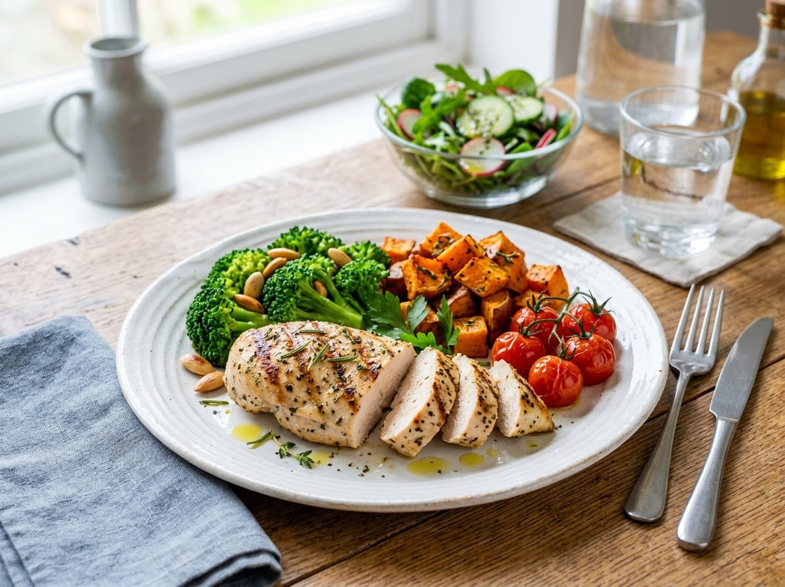 A plate with sliced grilled chicken breast, steamed broccoli, cherry tomatoes, and roasted sweet potatoes on a wooden table with a glass of water and a small salad bowl in the background.