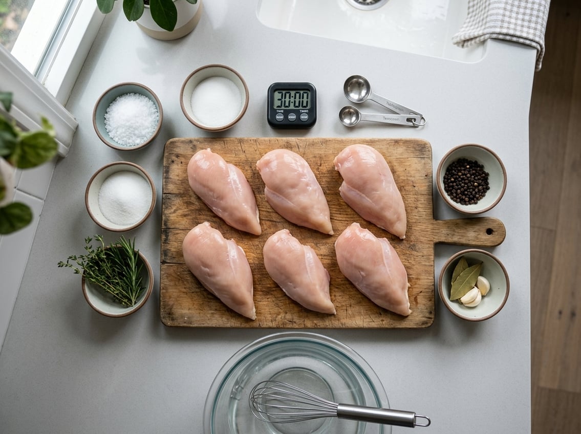 Top-down view of raw chicken breasts on a cutting board surrounded by bowls of brine ingredients and a kitchen timer on a countertop.