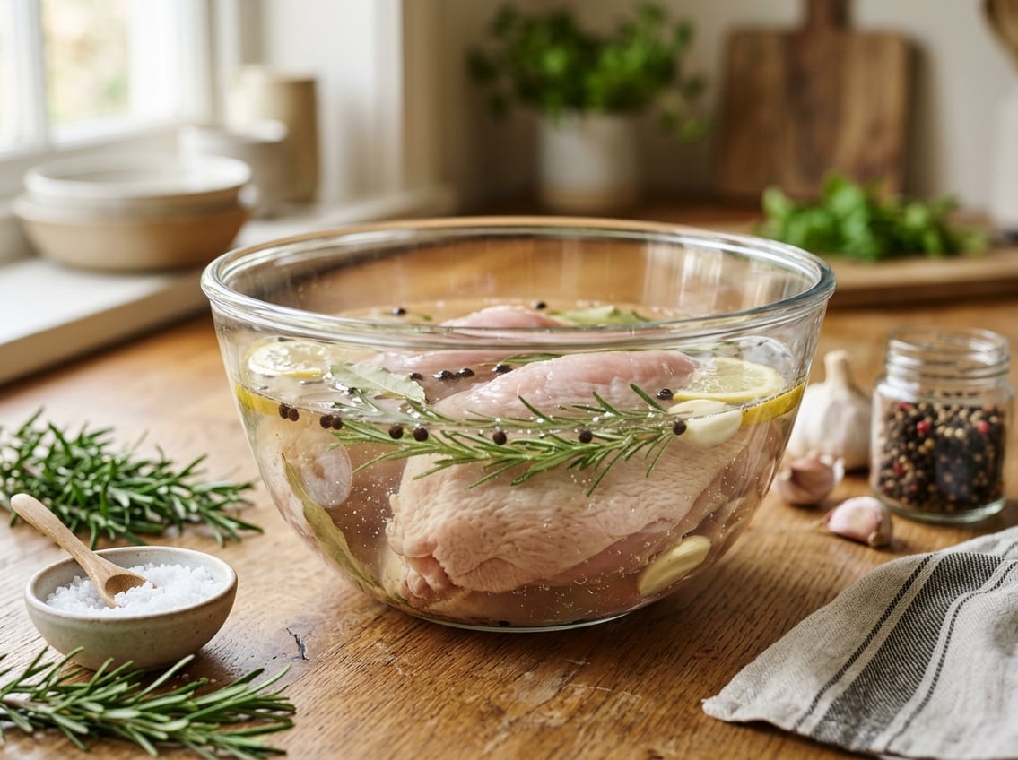 Raw chicken breasts soaking in a clear bowl of brine with fresh herbs and garlic on a kitchen countertop.