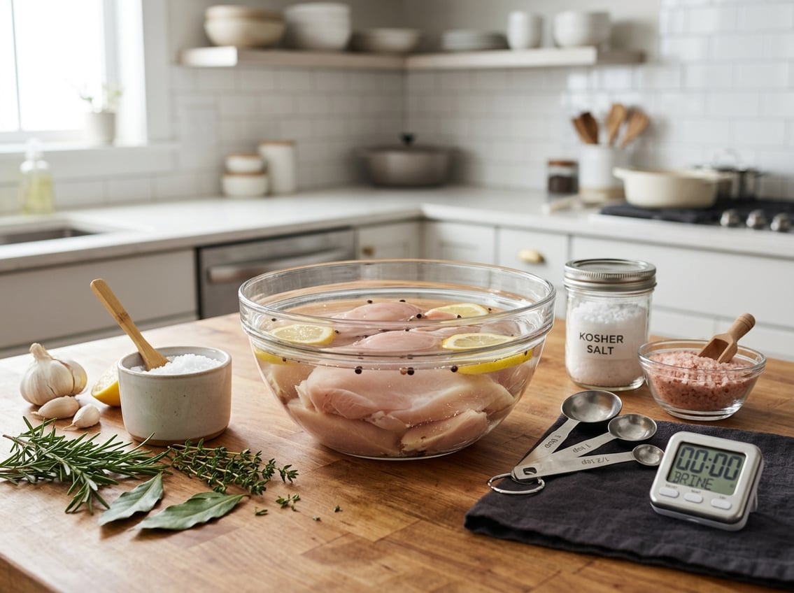A kitchen countertop with a glass bowl containing chicken breasts submerged in saltwater, surrounded by different types of salt and fresh herbs.