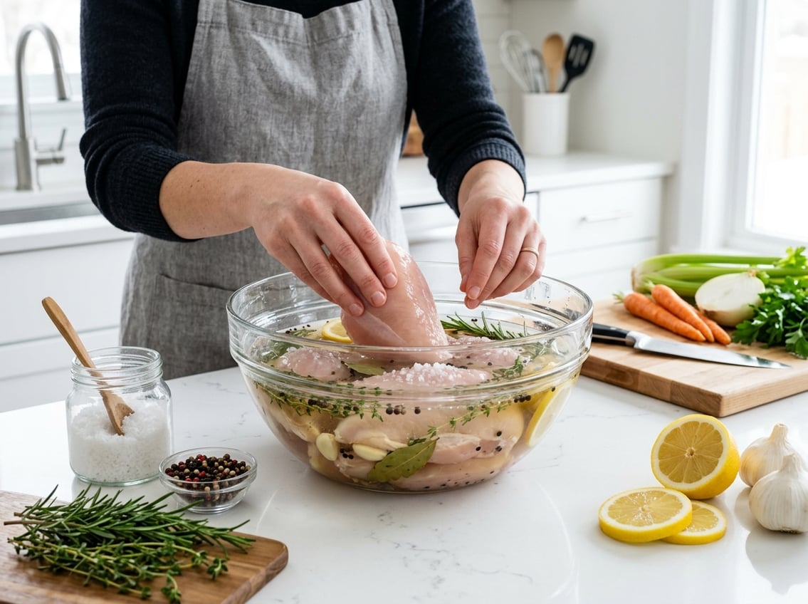Hands placing chicken breasts into a glass bowl of brine on a kitchen countertop with herbs and spices nearby.
