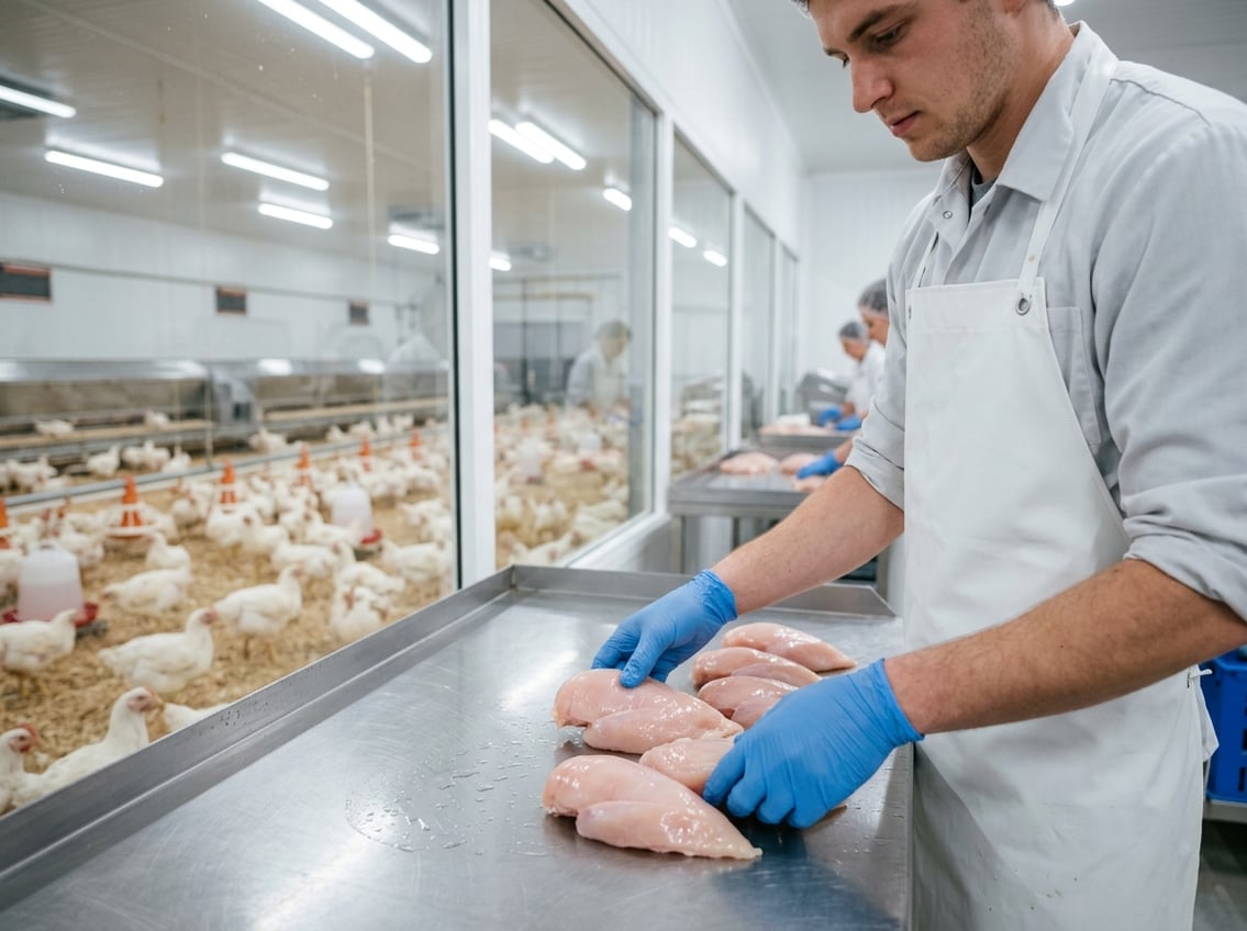 A worker in gloves handling fresh raw chicken breasts on a stainless steel surface with chickens visible in the background.
