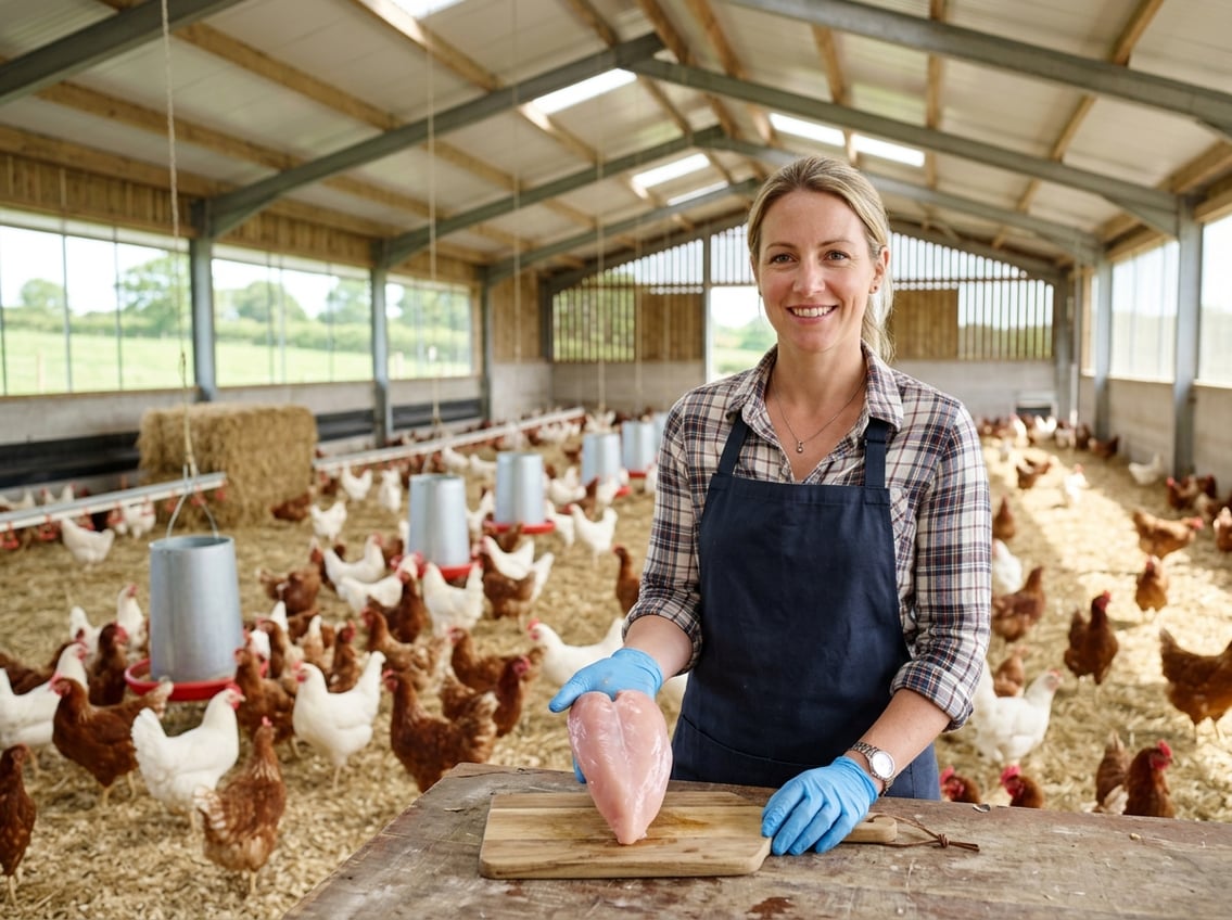 A farmer holding a fresh raw chicken breast inside a spacious, clean poultry farm with chickens roaming freely in the background.
