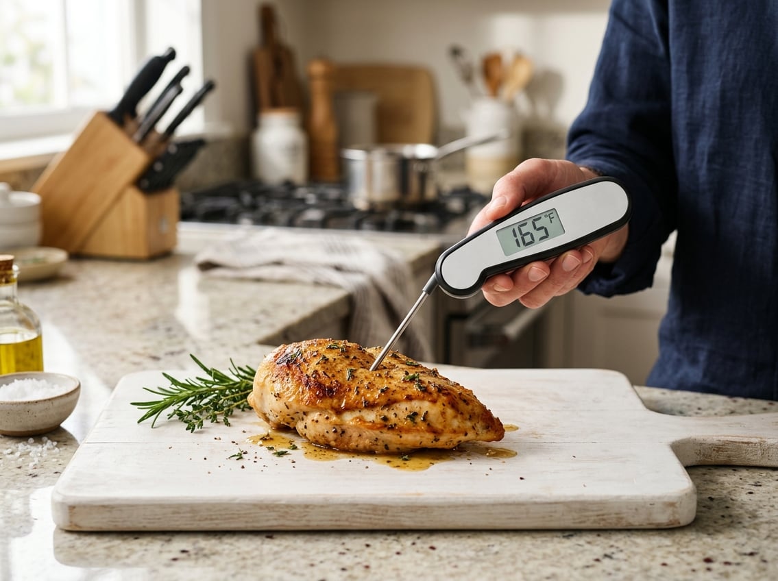 A cooked chicken breast on a cutting board with a digital meat thermometer inserted, showing the temperature.