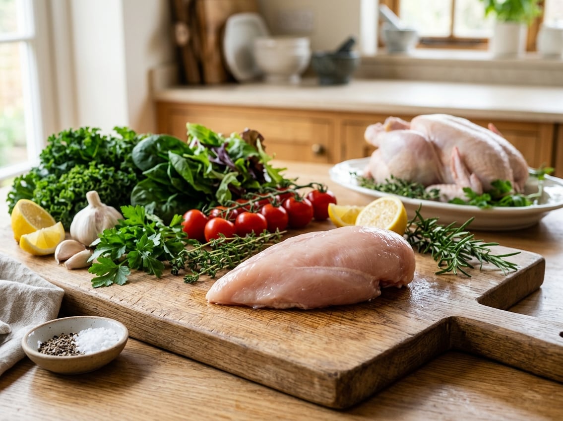 A fresh raw chicken breast on a cutting board with vegetables and a whole chicken in the background in a kitchen.