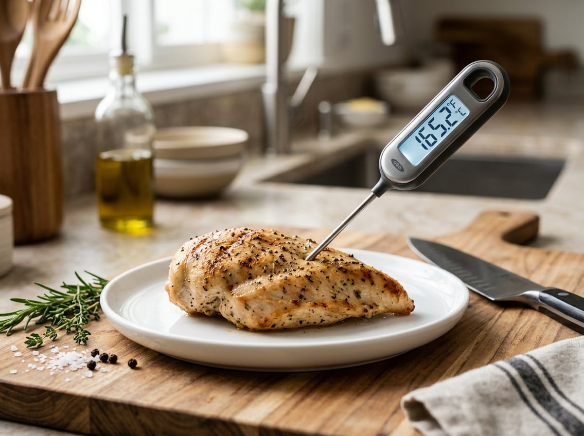 Close-up of a cooked chicken breast with a digital thermometer inserted, showing the temperature being measured.