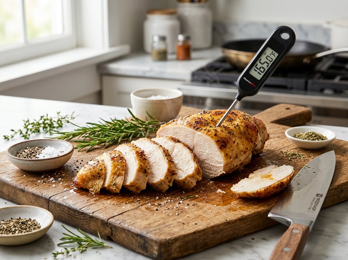 Sliced cooked chicken breast with a meat thermometer showing temperature on a wooden cutting board surrounded by herbs and a knife.