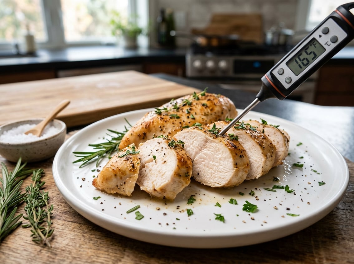 A sliced cooked chicken breast on a white plate with herbs and a meat thermometer inserted, set in a kitchen environment.