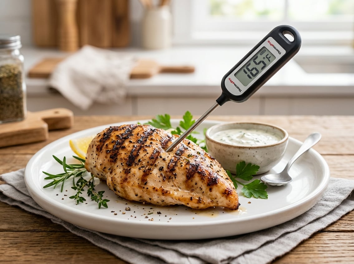 A close-up of a cooked chicken breast on a plate with a meat thermometer inserted, showing it is fully cooked.