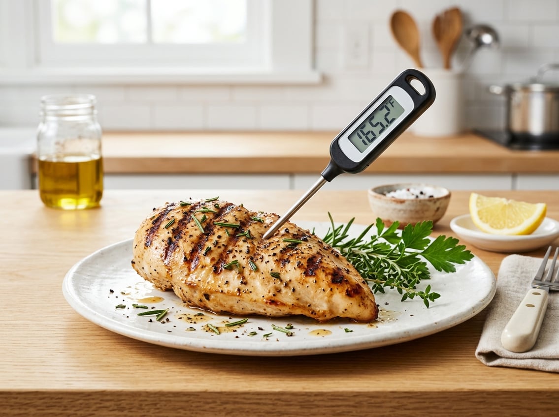 A cooked chicken breast on a white plate with a digital meat thermometer inserted, set on a kitchen countertop with fresh herbs and a lemon wedge nearby.