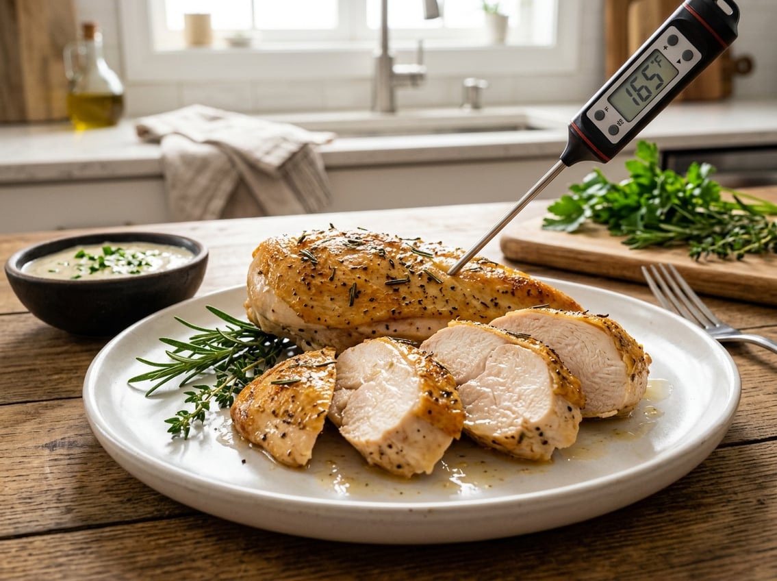 Close-up of a sliced cooked chicken breast on a plate with herbs and a meat thermometer inserted, in a kitchen setting.