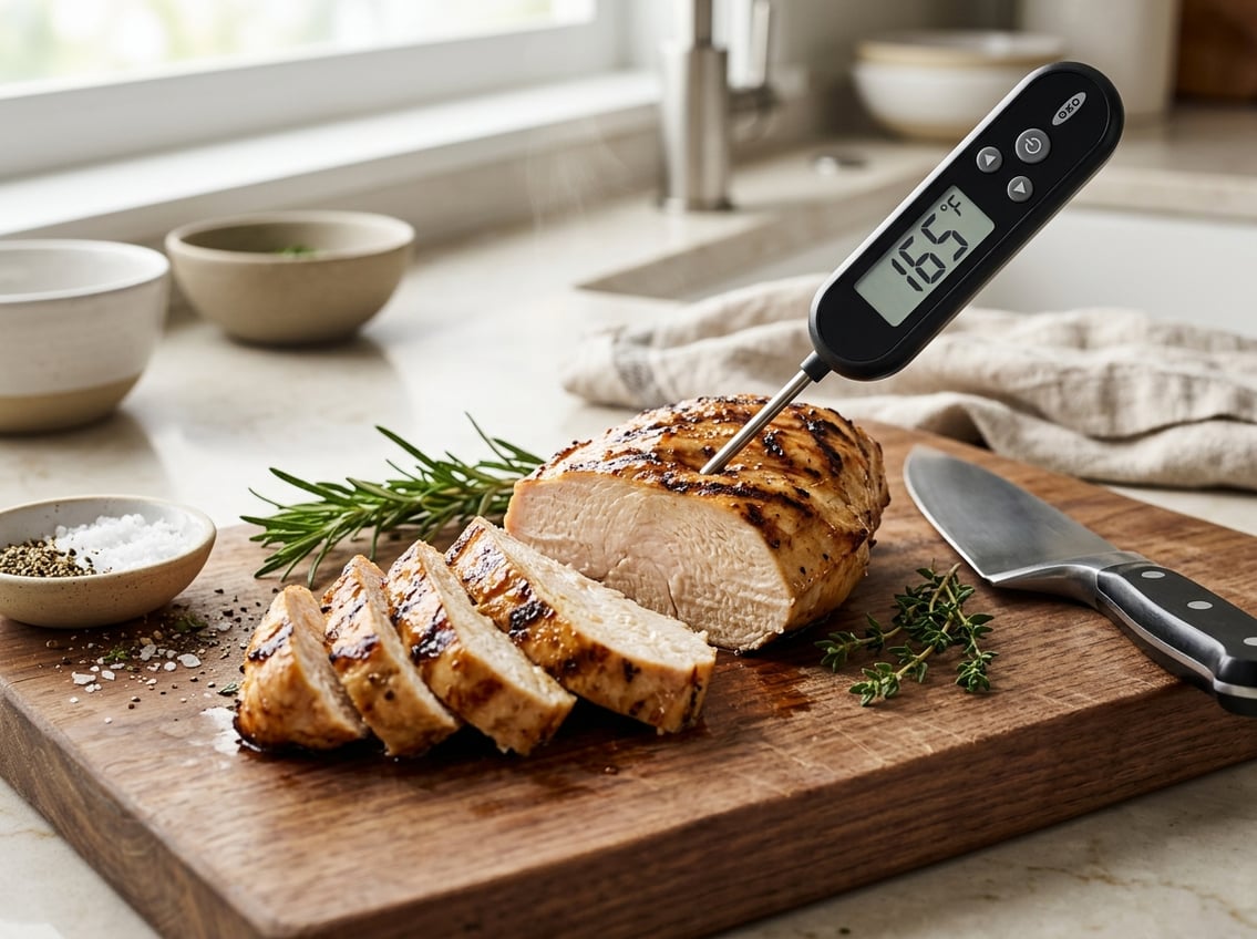 Close-up of a sliced cooked chicken breast with a meat thermometer showing the temperature on a wooden cutting board surrounded by herbs and a knife.