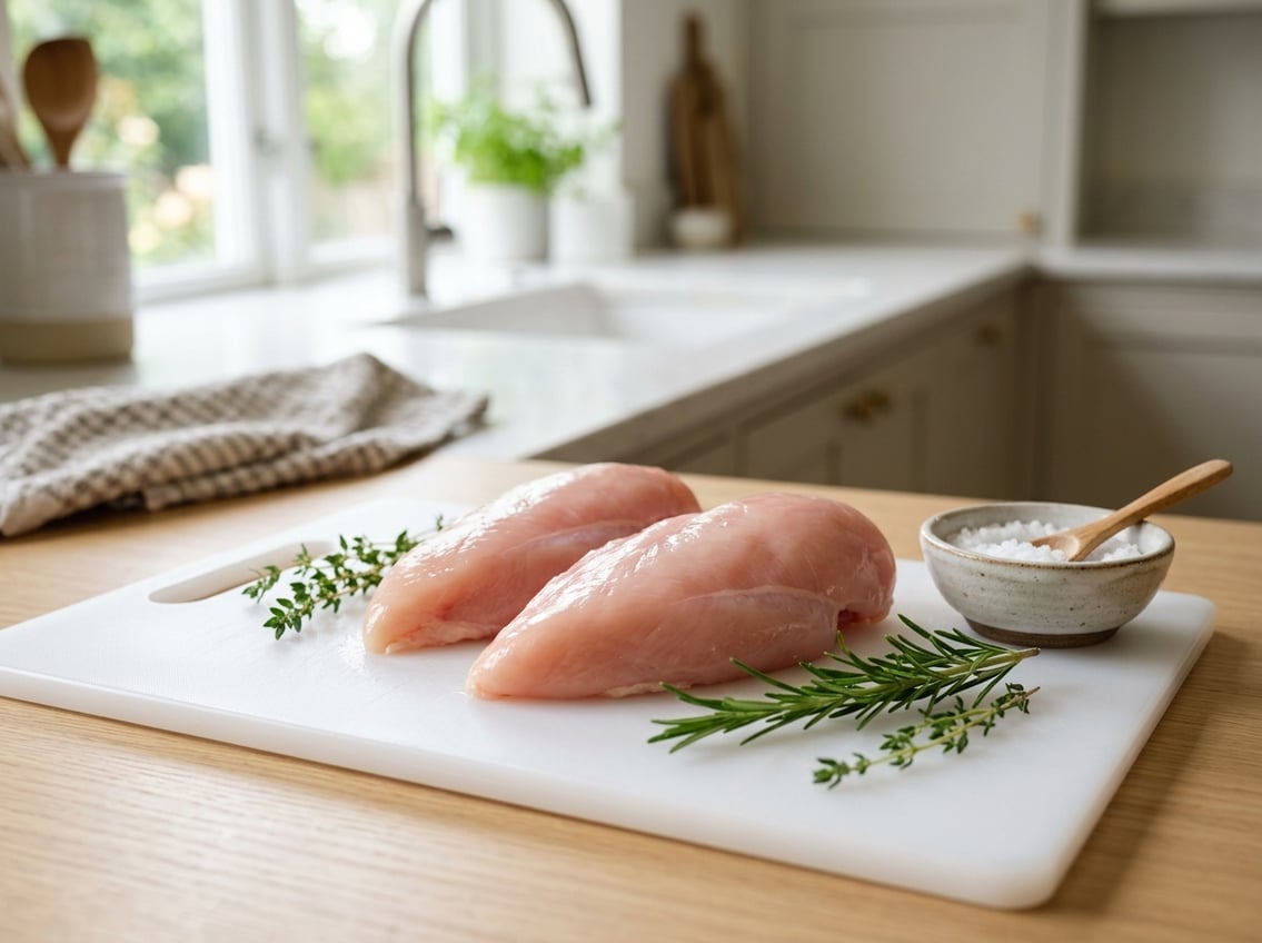 Fresh raw chicken breasts on a white cutting board with herbs and salt in a bright kitchen.