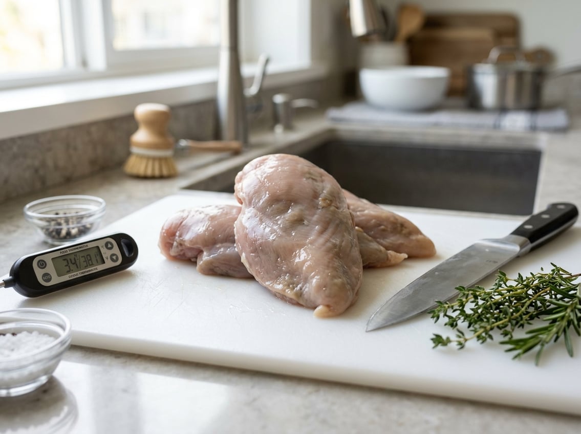 Close-up of raw chicken breasts on a cutting board showing signs of spoilage with kitchen utensils nearby.