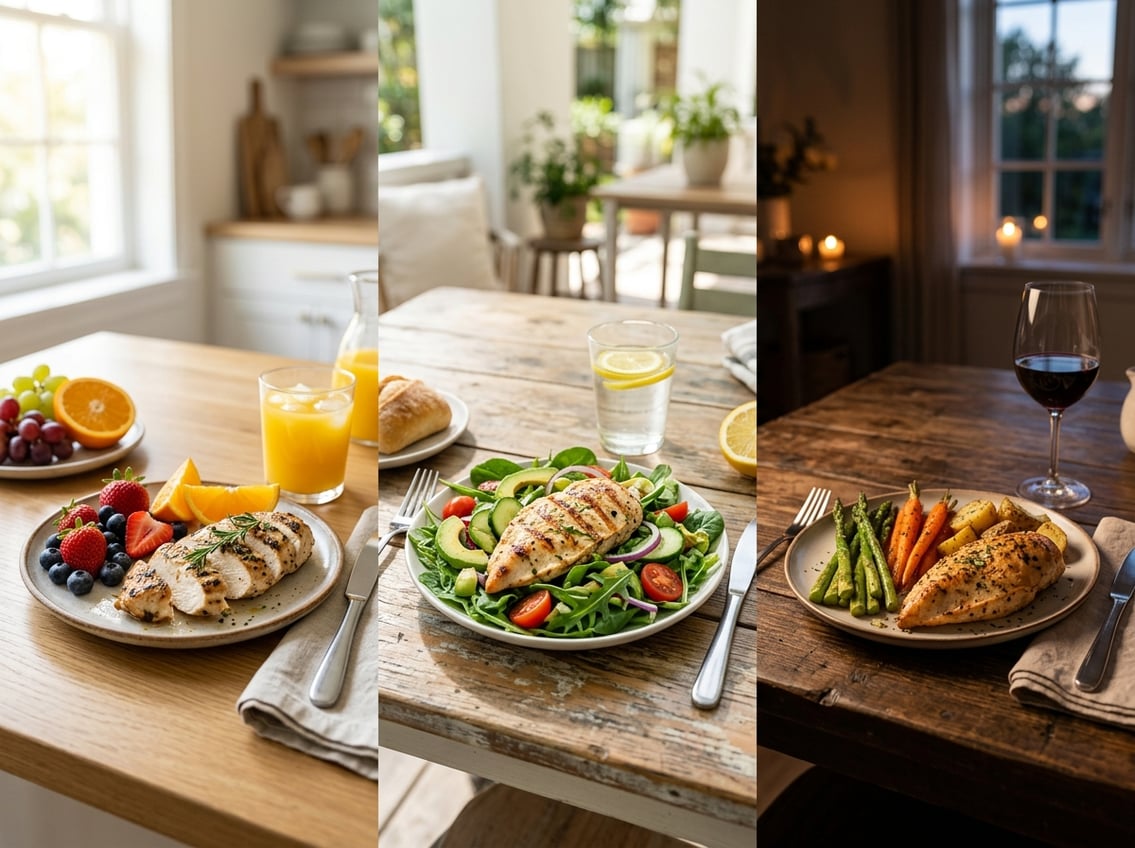 Three plates of chicken breast meals set in morning, afternoon, and evening dining settings with natural lighting.