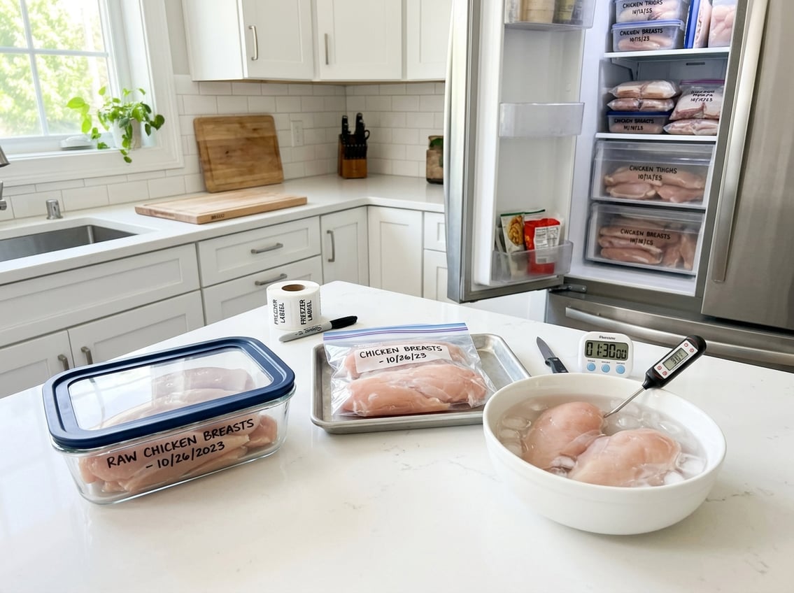 Raw chicken breasts stored in airtight containers and freezer bags on a kitchen countertop, with a bowl of chicken thawing in cold water and a refrigerator freezer in the background.