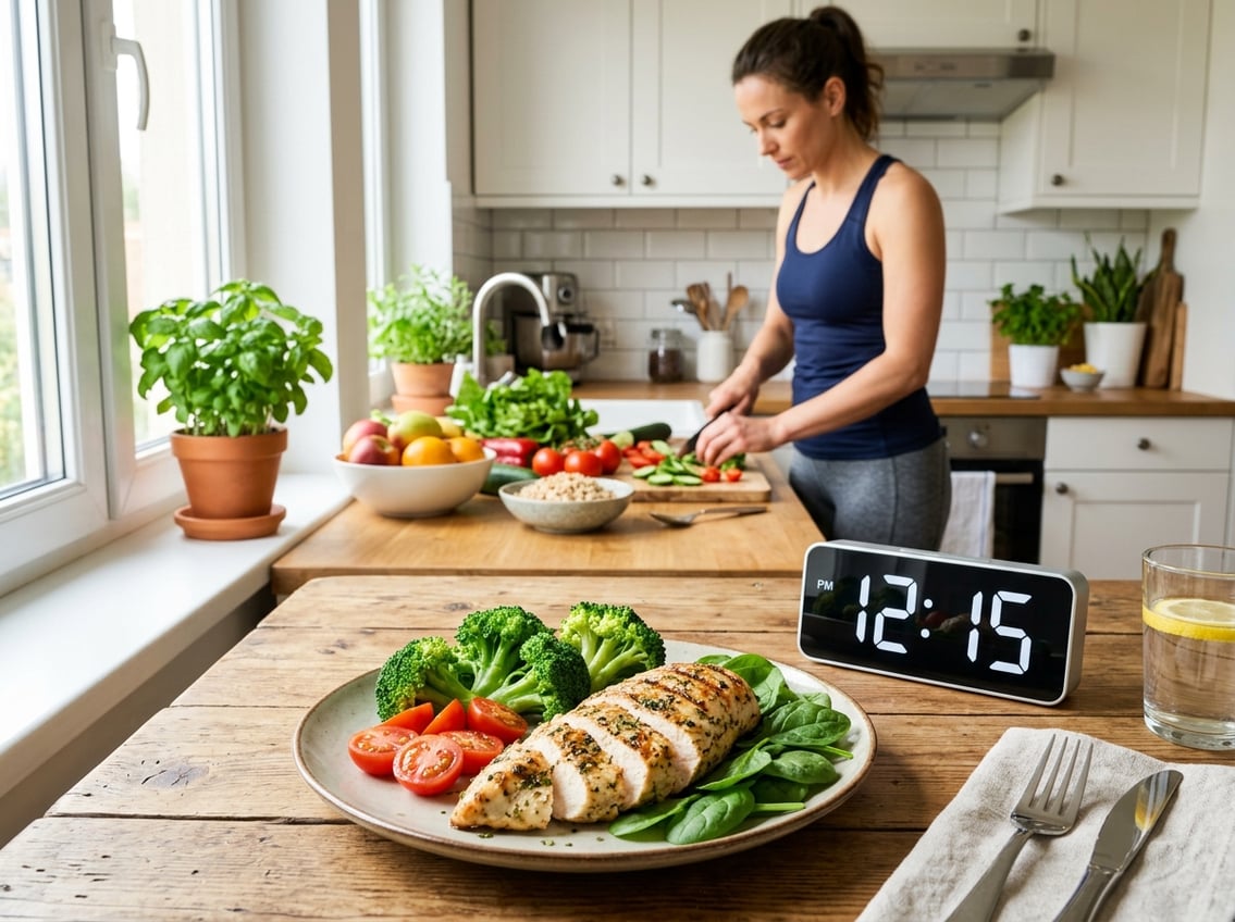 A person preparing a healthy meal with grilled chicken breast and vegetables on a table next to a digital clock in a modern kitchen.