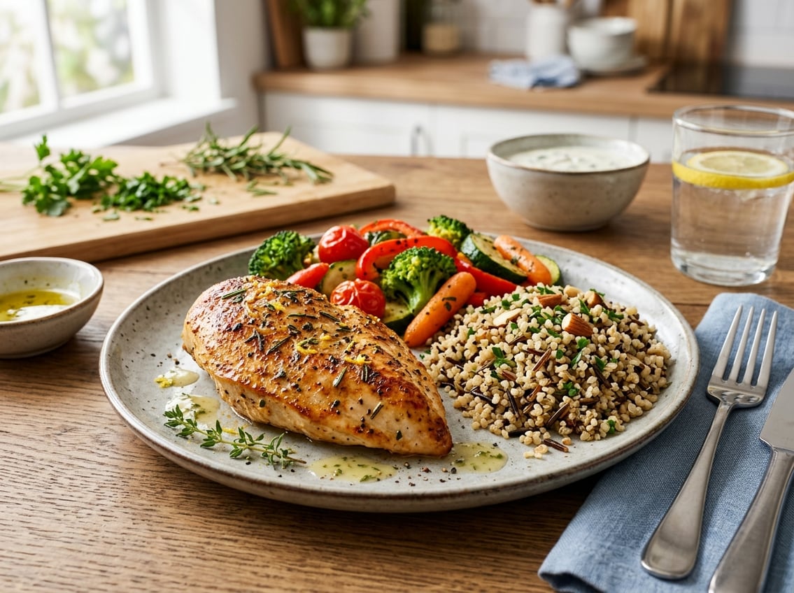 A plated meal with cooked chicken breast, vegetables, and grains on a dining table in a kitchen setting.