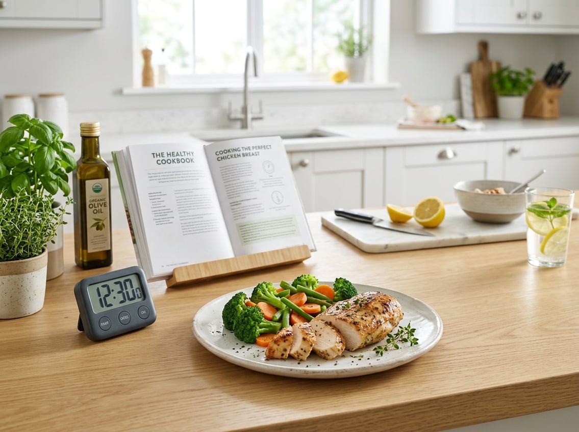 A cooked chicken breast served on a plate with vegetables in a kitchen setting with cooking tools nearby.