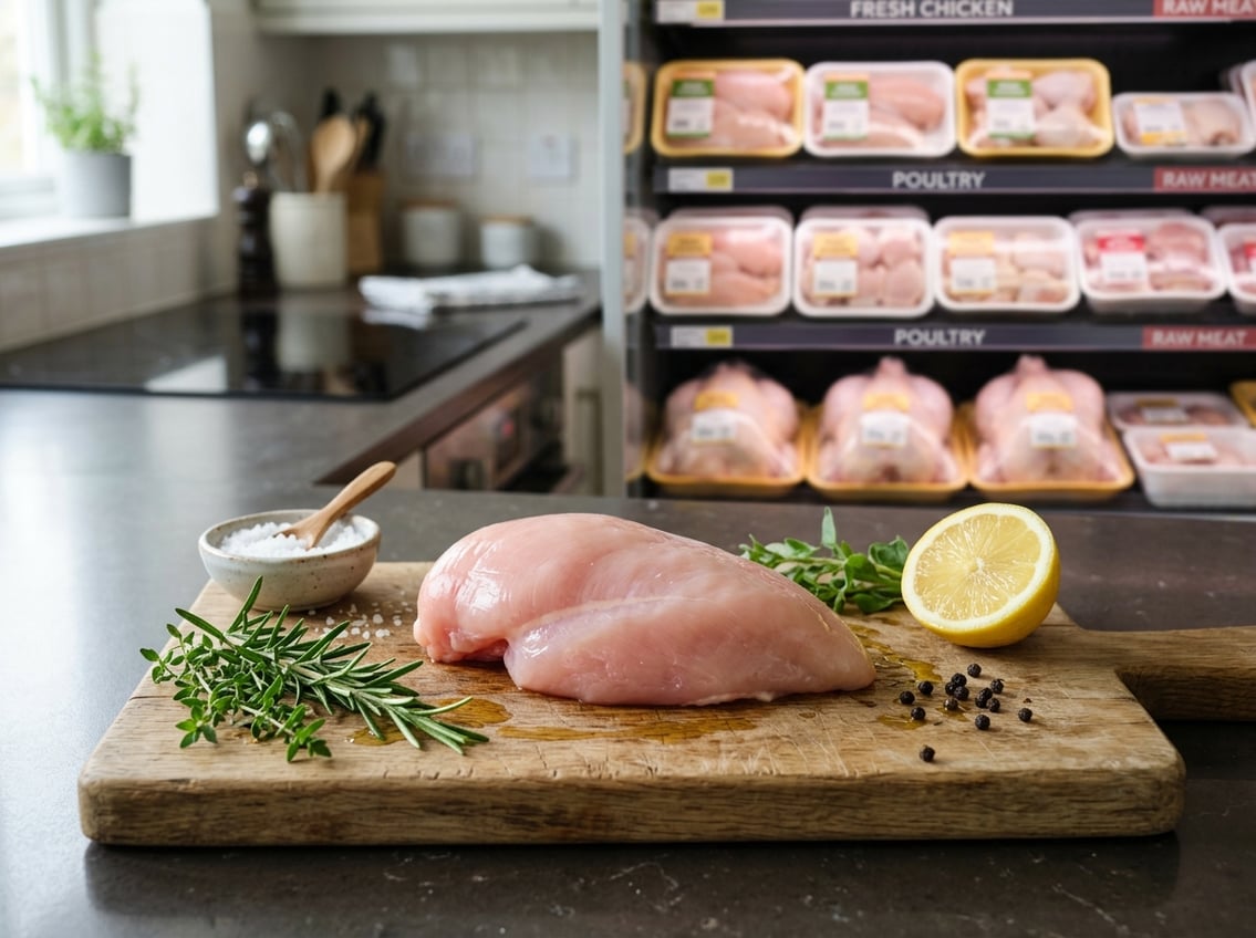Fresh raw chicken breast on a cutting board with herbs and lemon in a kitchen, with a grocery store meat aisle blurred in the background.