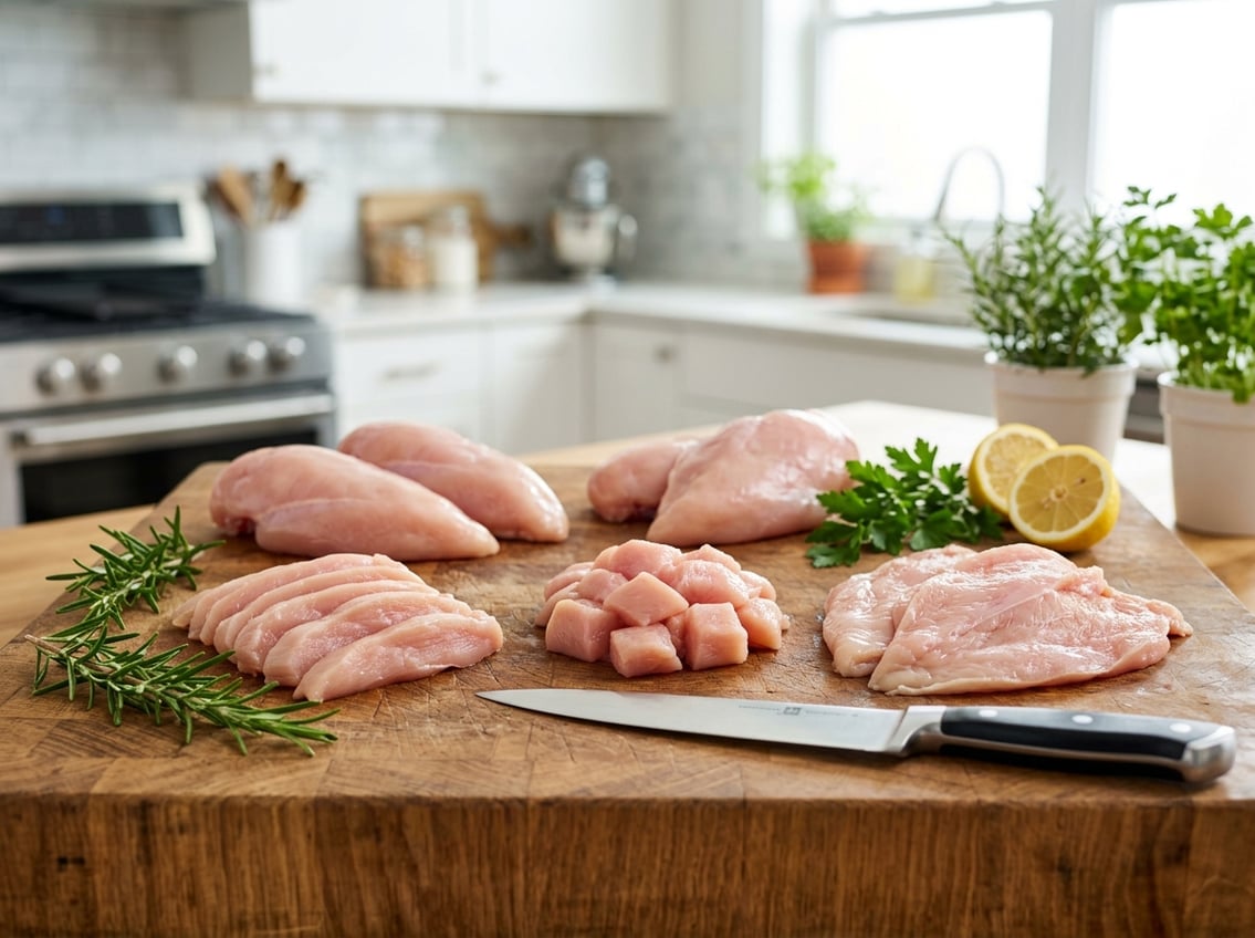 Fresh chicken breast cuts displayed on a wooden board with herbs and a lemon in a bright kitchen.