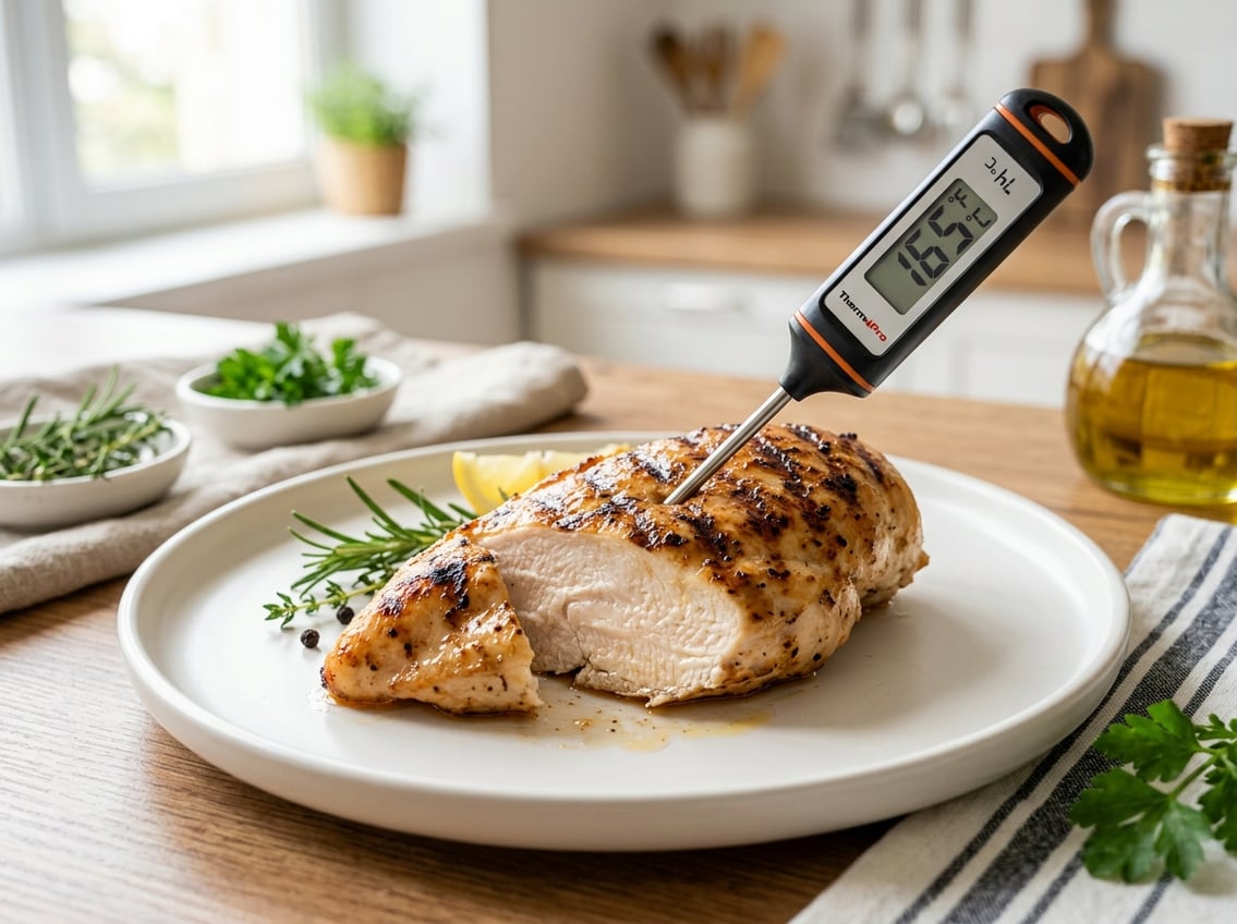 A cooked chicken breast on a white plate with a meat thermometer showing the temperature inserted into it, on a kitchen counter with fresh herbs nearby.