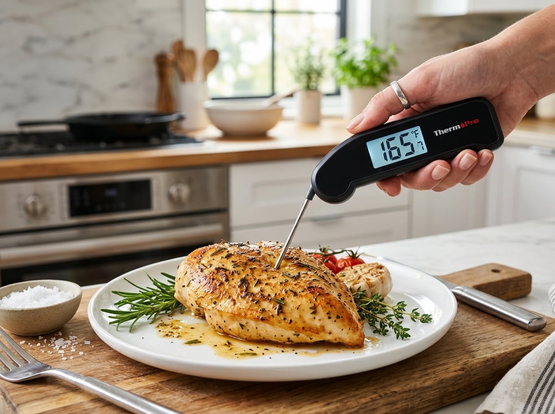 A hand holding a digital meat thermometer inserted into a cooked chicken breast on a white plate with fresh herbs.