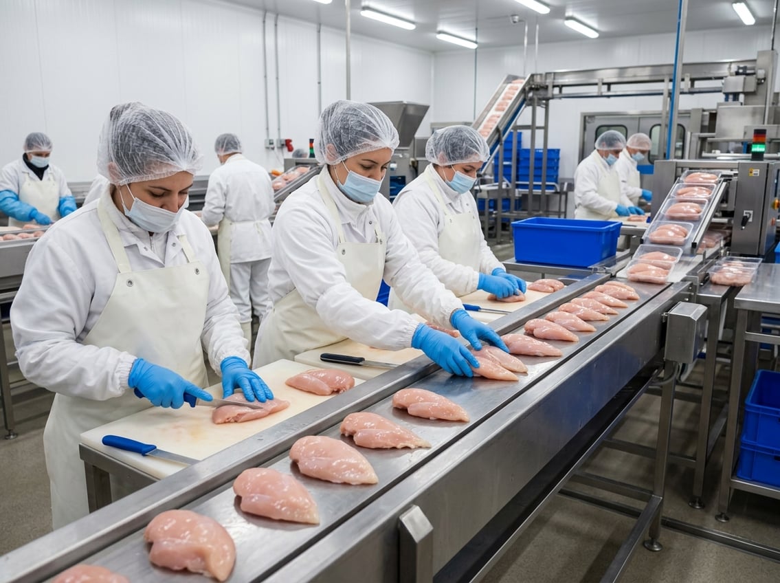 Workers in a poultry processing facility handling fresh chicken breasts on a conveyor belt and packaging them.