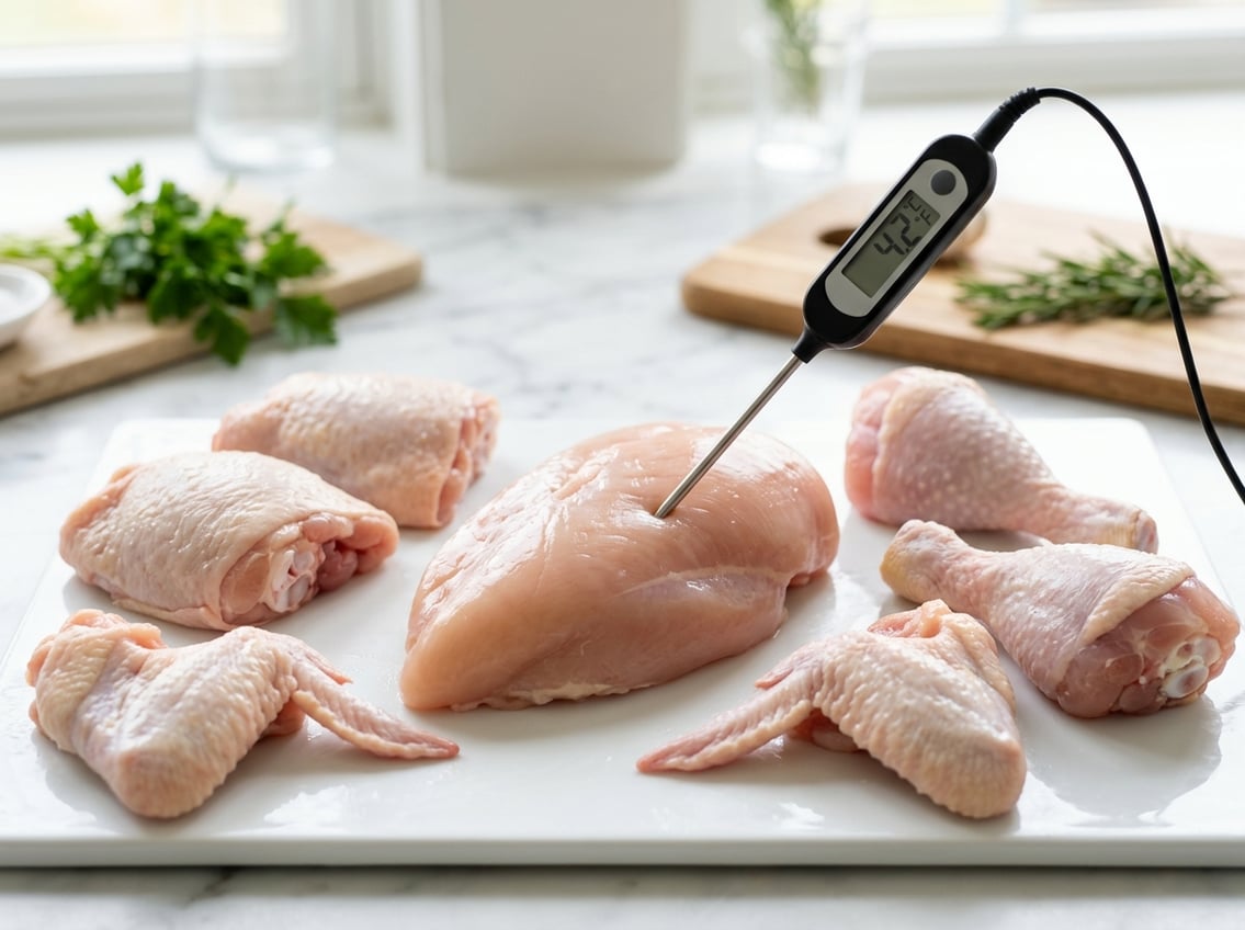 Close-up of various raw chicken cuts with a thermometer inserted into a chicken breast on a white surface.