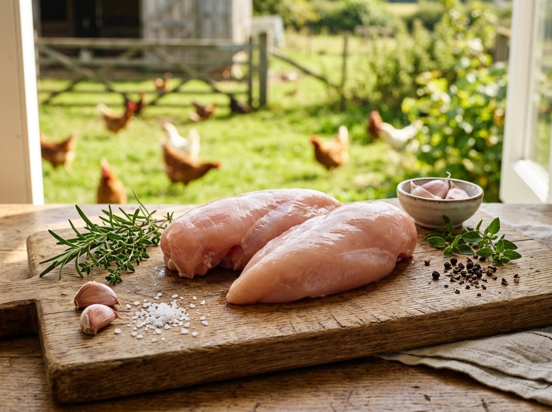 Close-up of fresh raw chicken breasts on a wooden board with herbs and garlic, with free-range chickens visible in the background.