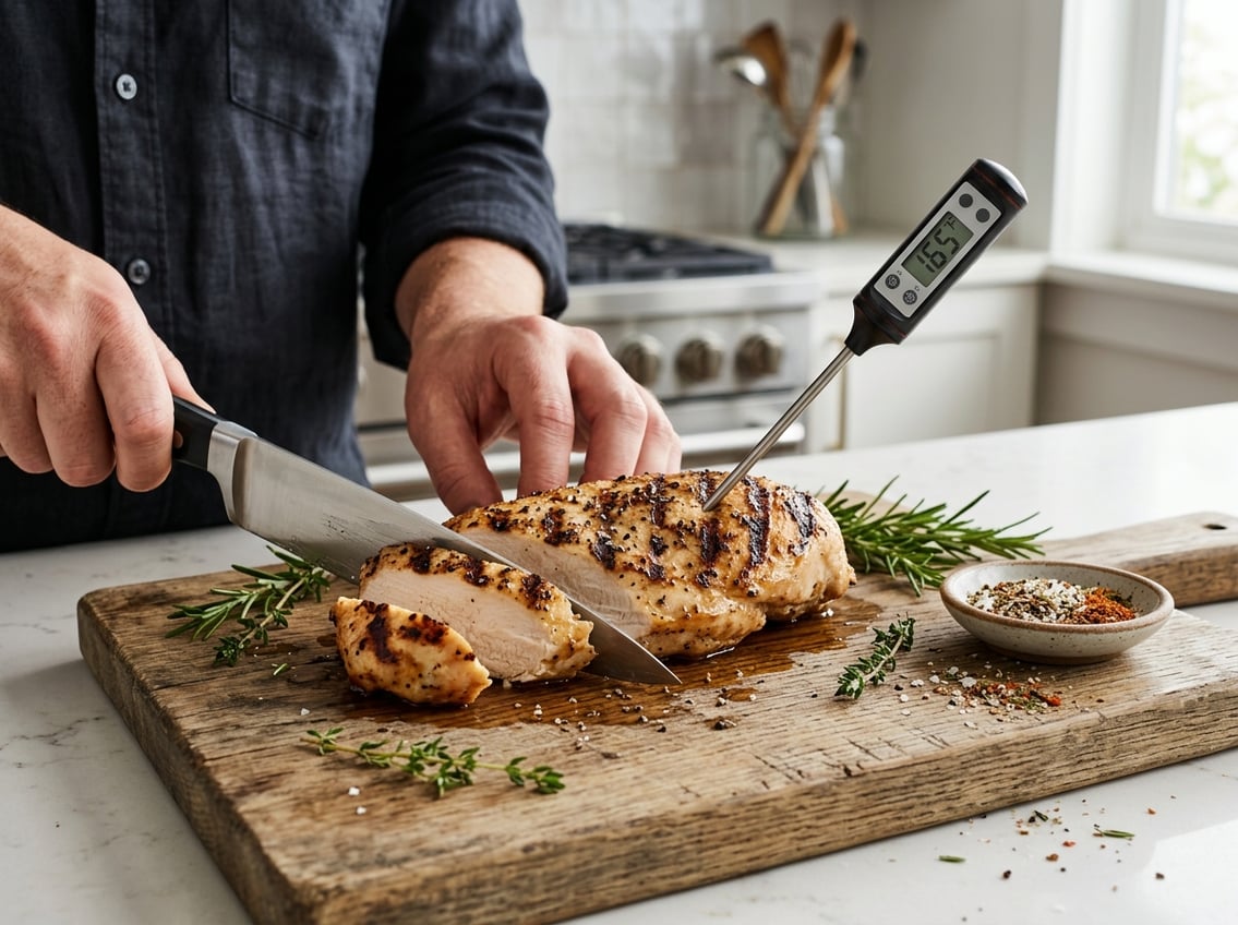 Close-up of a cooked chicken breast being sliced with a meat thermometer showing the internal temperature on a wooden cutting board with fresh herbs nearby.