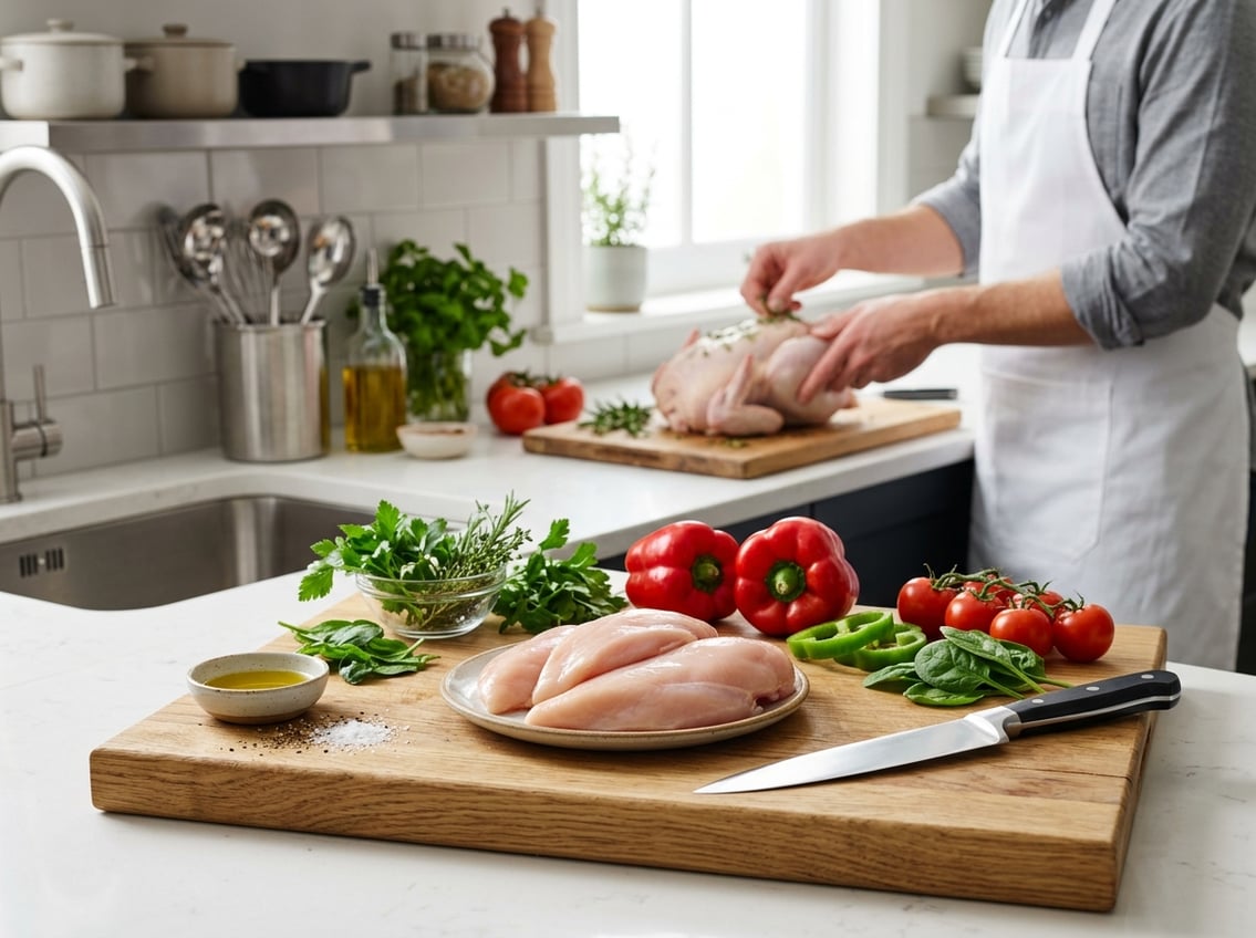 A kitchen scene showing raw chicken breasts on a cutting board with fresh vegetables and a person handling a whole chicken in the background.