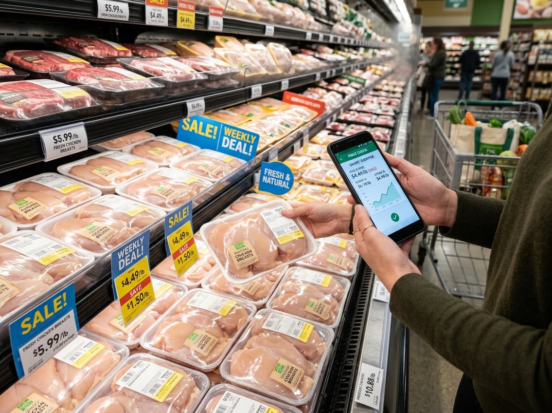 A shopper in a grocery store selecting packaged chicken breasts from a refrigerated display, holding a smartphone for price comparison.
