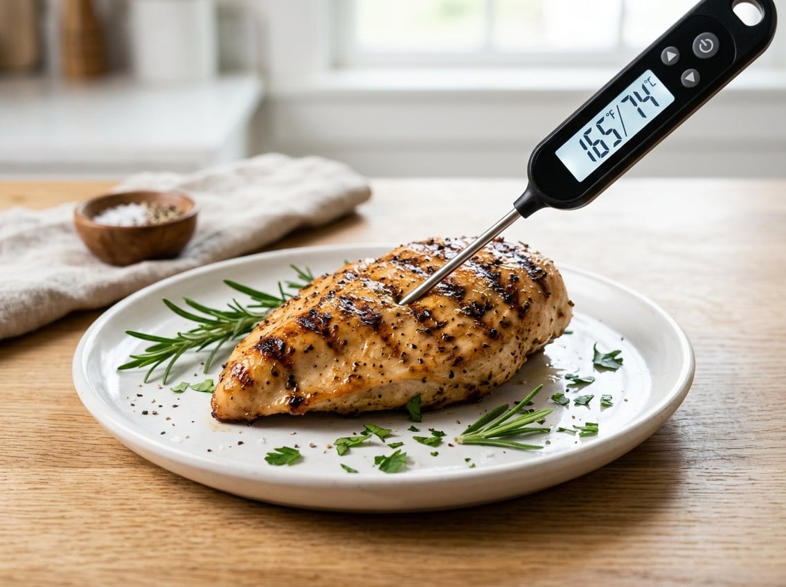 A cooked chicken breast on a plate with a digital meat thermometer showing the temperature inserted in it.